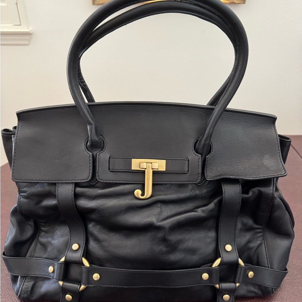 Juicy Couture Birkin Black Leather Satchel with Gold J Lock Accent Case Included